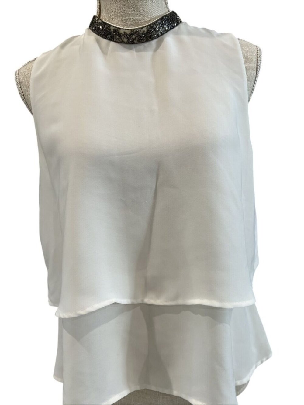 Zara Basic Collection White Layered Sleeveless Blouse With Beaded Collar M